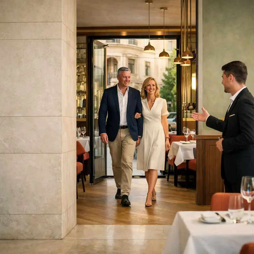 Két vendég érkezik egy világos budapesti brasserie üvegajtaján át