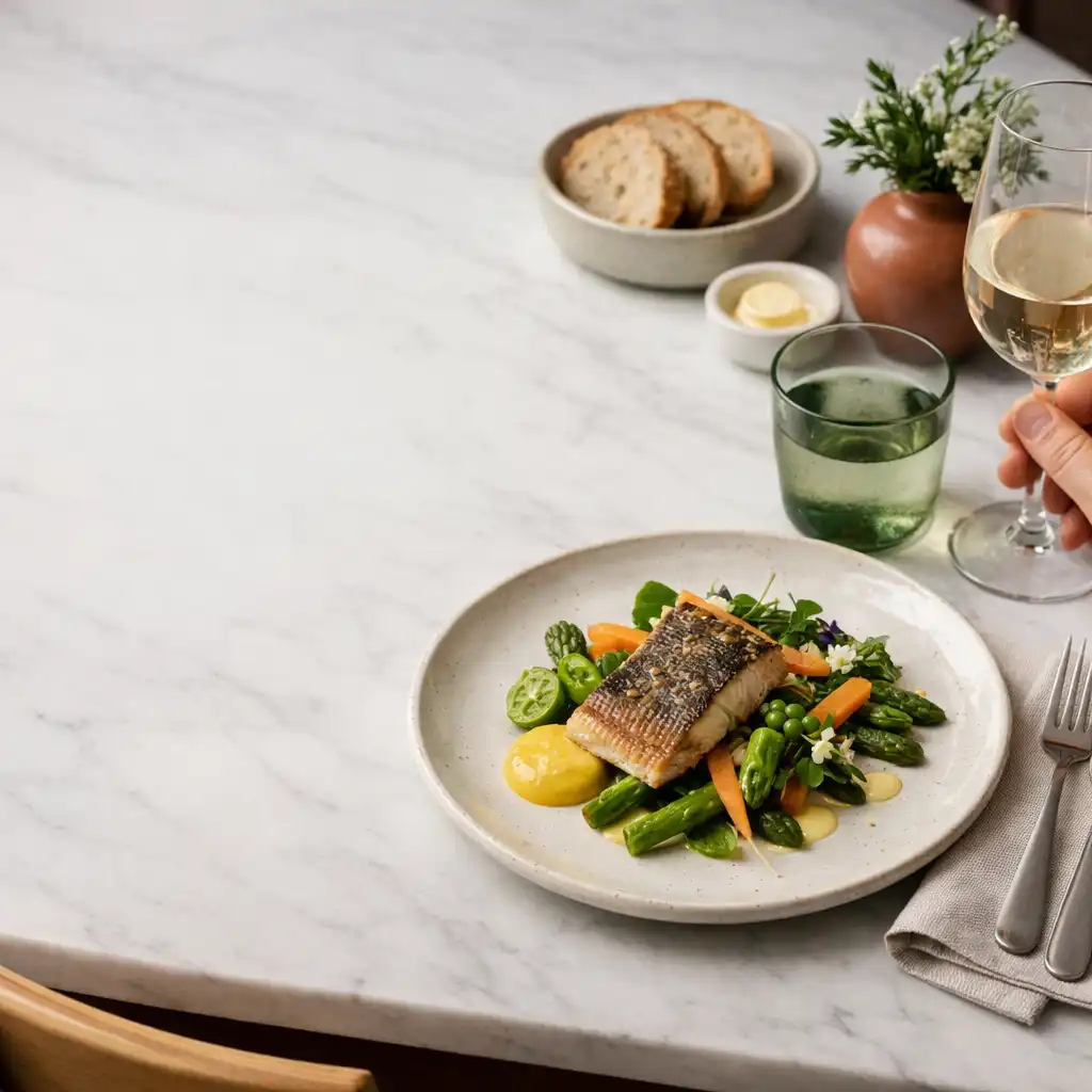 Kortárs brasserie fogás fehér márványasztalon, természetes éttermi pillanatban