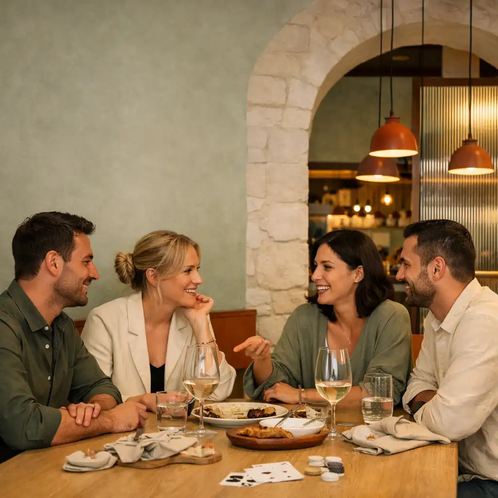 Baráti társaság vacsora után egy elegáns budapesti éttermi asztalnál, diszkrét kártyákkal.