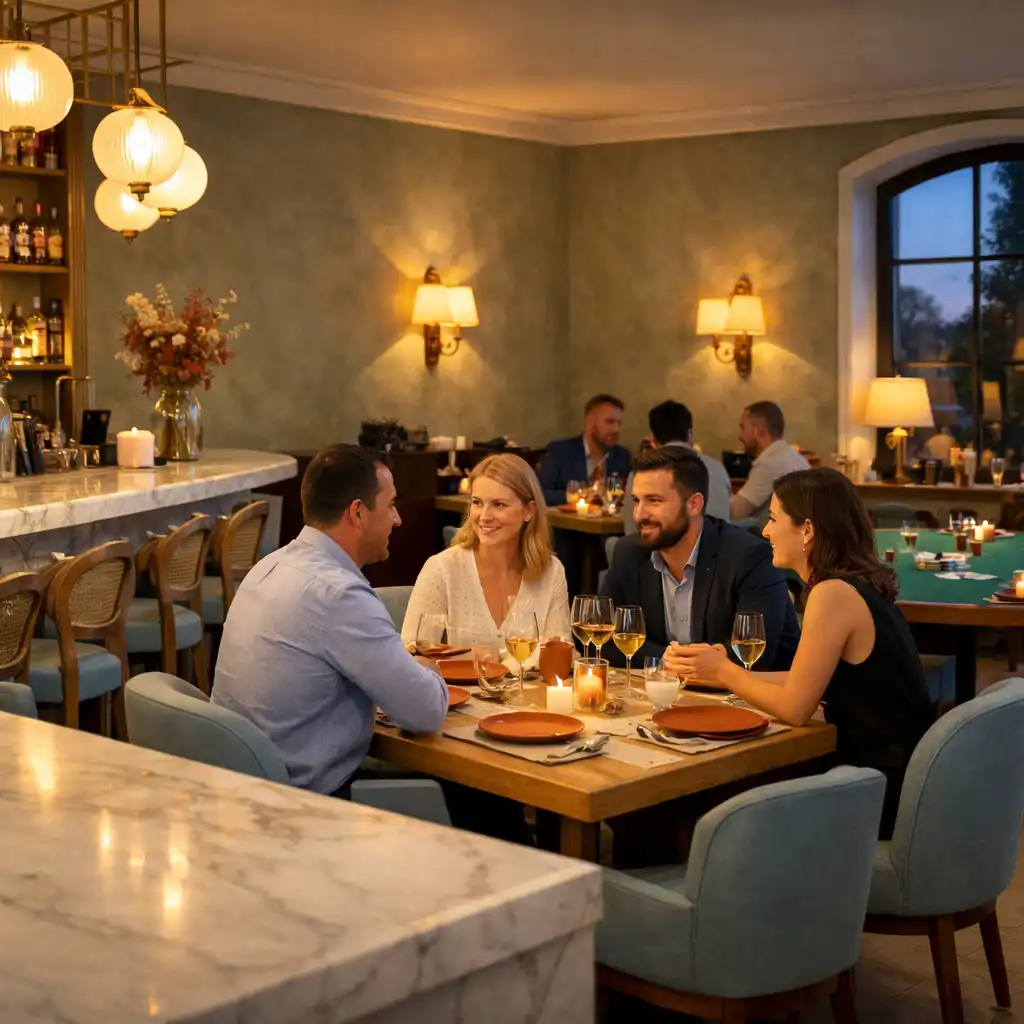 Napfényes brasserie-tér előkészített asztalokkal és beszélgető vendégekkel